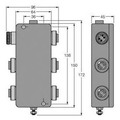 Techniczny rysunek przedstawia prostokątny element z wymiarami (96x138 mm po lewej stronie, 45x172 mm po prawej stronie), z kilkoma przyłączami po bokach.
