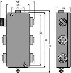 Rysunek techniczny rozdzielni elektrycznej z wymiarami. Po lewej stronie widok frontu z wymiarami 96x172 mm i złączami; po prawej stronie widok z boku z diagramem wysokości.