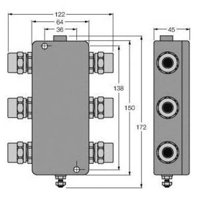 Rysunek techniczny prostokątnego rozdzielacza, z przyłączami bocznymi i wymiarami: 122x172x45 mm.