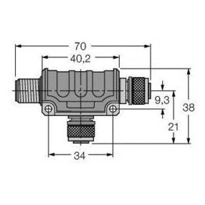 Rysunek techniczny złącza z wymiarami: długość 70 mm, szerokość 34 mm, wysokość 38 mm, średnica kabla 9,3 mm.