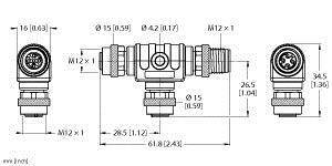 Rysunek techniczny trójnika z gwintami M12 x 1. Wymiary: długość 61,8 mm, szerokość 26,5 mm, przedstawiono różne wartości rozstawu.