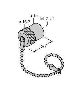 Rysunek techniczny cylindrycznego zamknięcia z łańcuszkiem. Wymiary: średnica 15 mm, długość 20 mm, gwint M12 x 1.