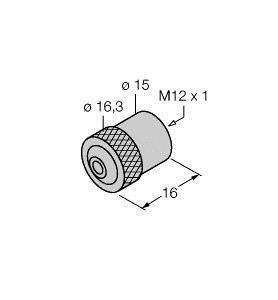 Rysunek techniczny elementu cylindrycznego z nakrawanym uchwytem. Wymiary: średnica 16,3 mm, długość 16 mm, gwint M12x1.