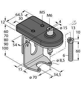 Rysunek techniczny kątownika montażowego z wymiarami i oznaczeniami śrub. Zawiera parametry dla śrub M5, M6 oraz pozostałe wymiary niezbędne do montażu.