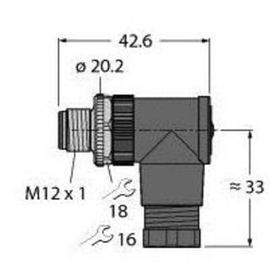 Rysunek techniczny złącza kątowego z wymiarami: długość 42,6 mm, średnica 20,2 mm, gwint M12 x 1.