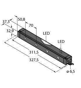 Rysunek techniczny prostokątnego światła LED. Wymiary: długość 327,5 mm, szerokość 32,9 mm. Oznaczone diody LED i złącza.