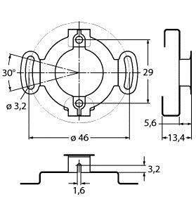 Rysunek techniczny elementu mechanicznego z wymiarowaniem. Przedstawia widok z góry i z boku wraz z kątami i średnicami.