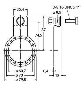 Rysunek techniczny kołnierza z wymiarami: średnica 60,7 mm i 79,8 mm, wysokość całkowita 87 mm, śruby 3/8 16 UNC x 1".