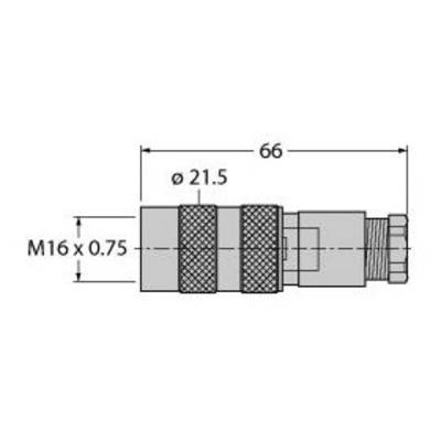Rysunek techniczny cylindrycznego adaptera o długości 66 mm i średnicy 21,5 mm; gwint M16 x 0,75.