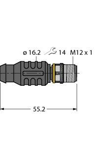 Rysunek techniczny złącza M12 z wymiarami: długość 55,2 mm, średnica 16,2 mm, rozmiar klucza 14 mm.