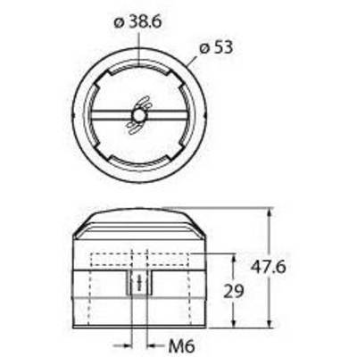Rysunek techniczny przedstawia wymiary części cylindrycznej: średnica górna 53 mm, dolna 38,6 mm, wysokość 47,6 mm, z śrubą M6.