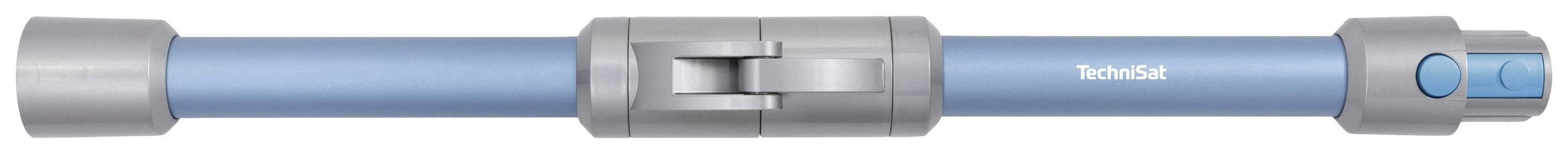 Niebieski teleskopowy kij w środku szarego tła. Szare uchwyty po lewej i prawej stronie, w centrum przegub do składania.