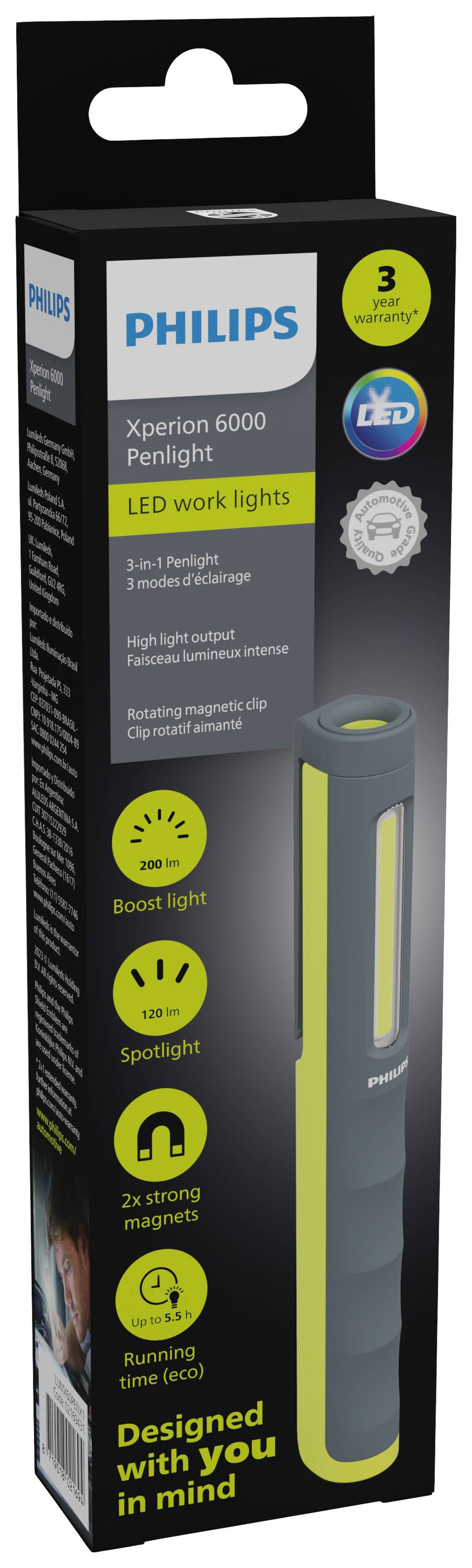 Czarna opakowanie latarki Philips Xperion 6000. Prezentuje dane techniczne latarki LED, tryby świecenia oraz czas pracy. 'Projektowane z myślą o Tobie'.