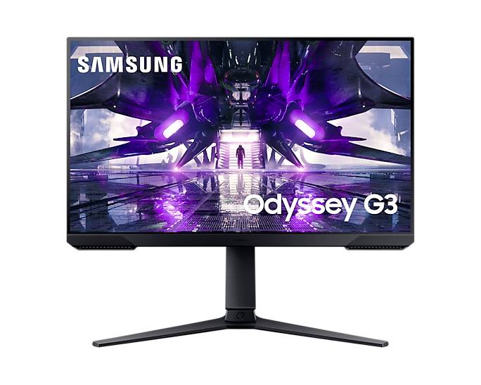 Monitor Samsung Odyssey G3 wyświetla obraz science fiction z fioletowymi i niebieskimi światłami oraz futurystyczną postacią w centrum.
