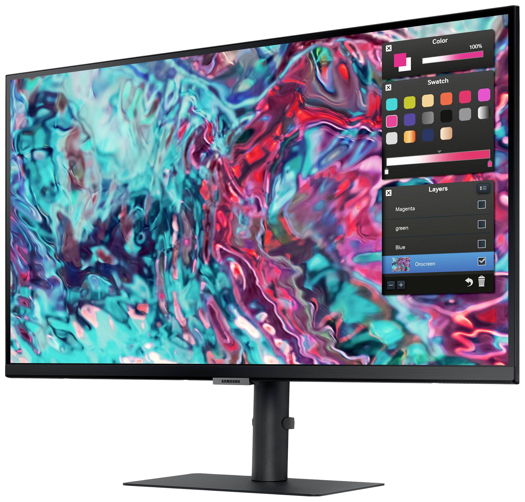 Duży monitor komputerowy wyświetla kolorową, abstrakcyjną powierzchnię artystyczną. W rogu widoczne są narzędzia wyboru koloru i warstw.