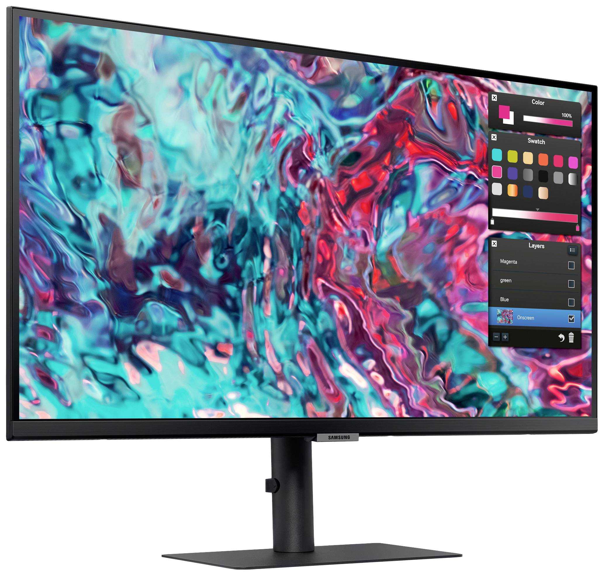 Monitor komputerowy wyświetla kolorowy, abstrakcyjny projekt z unoszącymi się paletami kolorów i narzędziami edycyjnymi na ekranie.