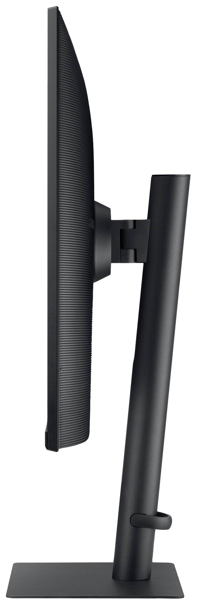 Widok z boku płaskiego ekranu komputerowego na czarnym, regulowanym statywie.