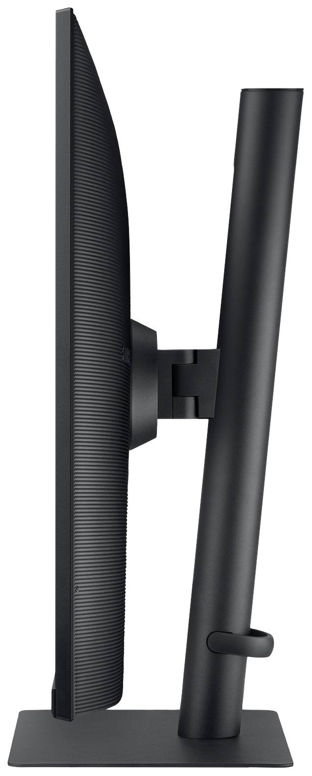 Widok z boku nowoczesnego, czarnego monitora komputerowego o smukłej sylwetce i solidnej podstawie.