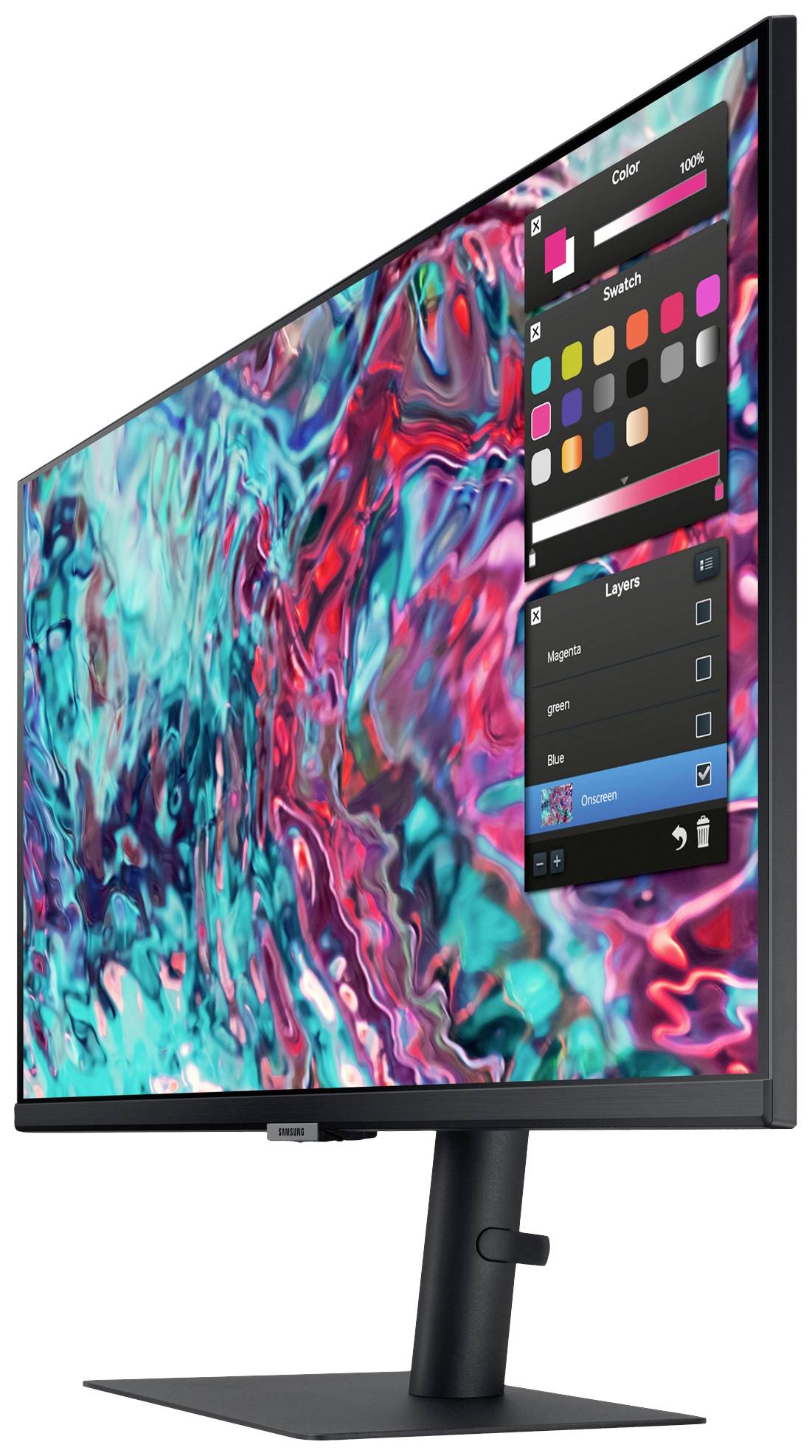Płaski ekran wyświetla abstrakcyjne, kolorowe dzieło sztuki z otwartym oknem wyboru kolorów. Ekran stoi na czarnym stojaku.
