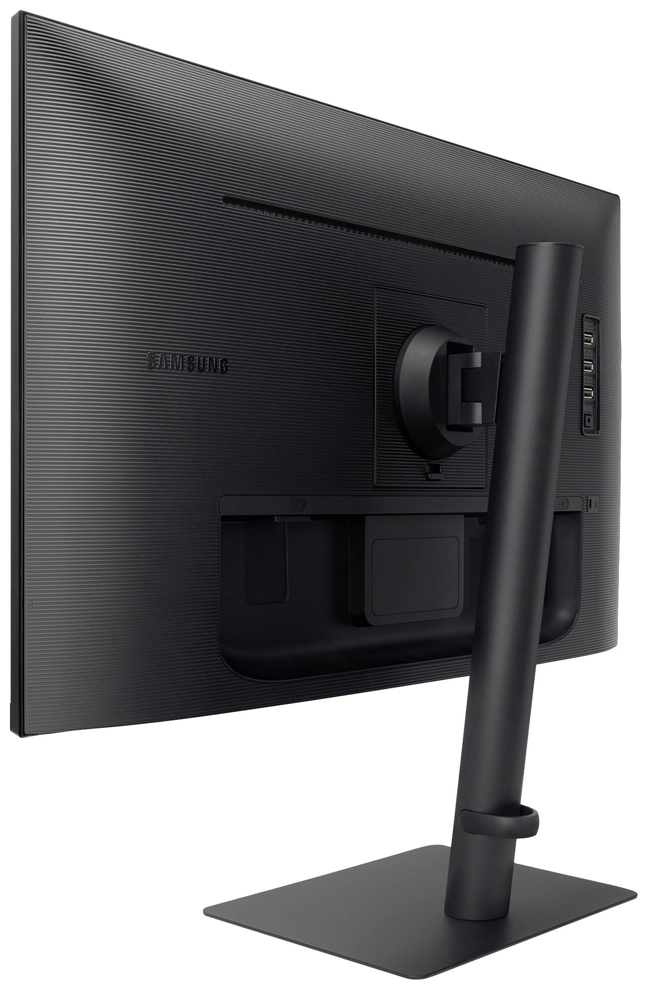 Czarny monitor komputerowy widziany od tyłu, zamocowany na podstawce. Widoczne są niektóre przyciski oraz złącze monitora.