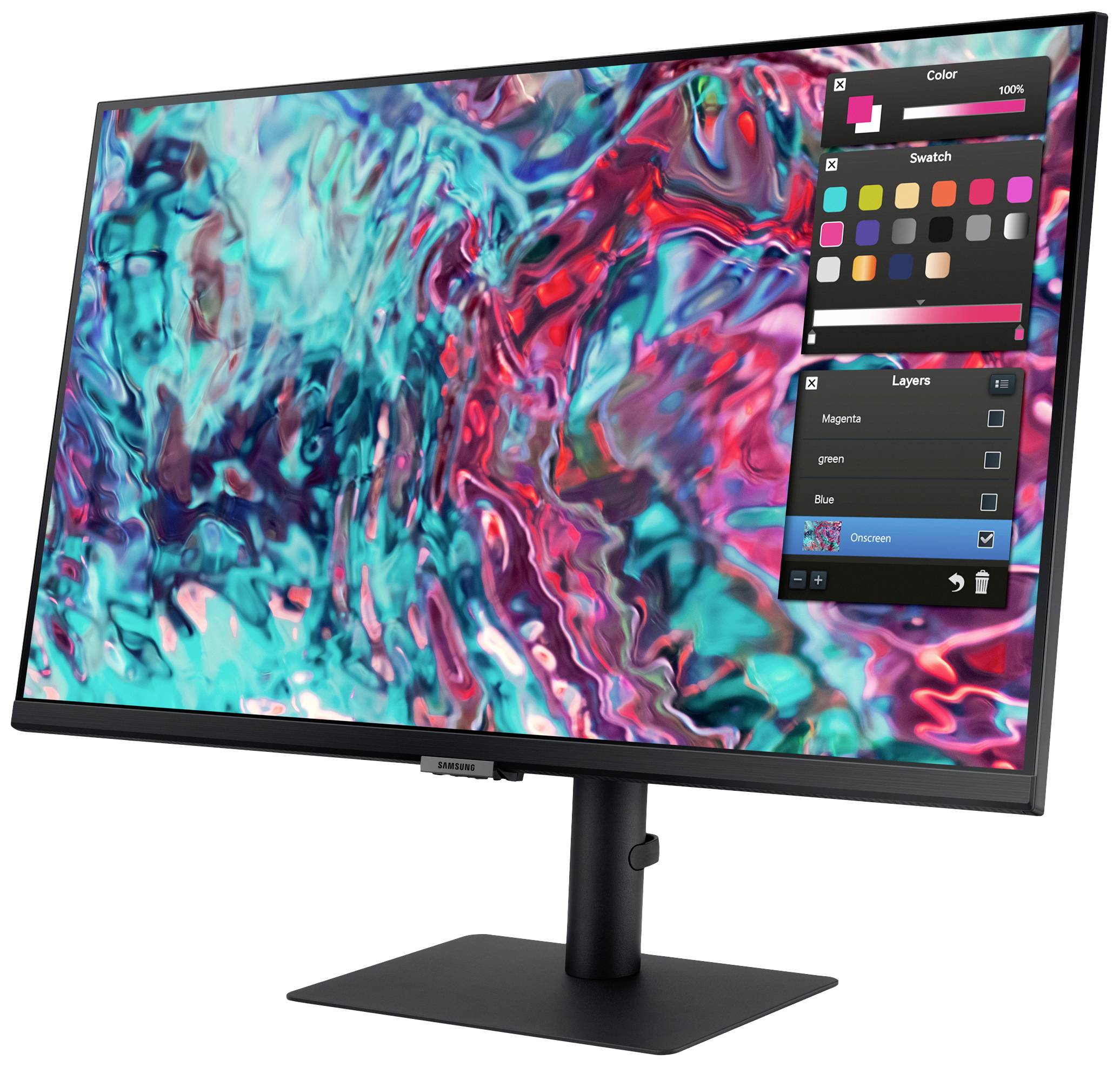 Ekran komputera wyświetla cyfrową sztukę z różowymi i turkusowymi wzorami. Otwarte jest narzędzie do edycji grafiki.