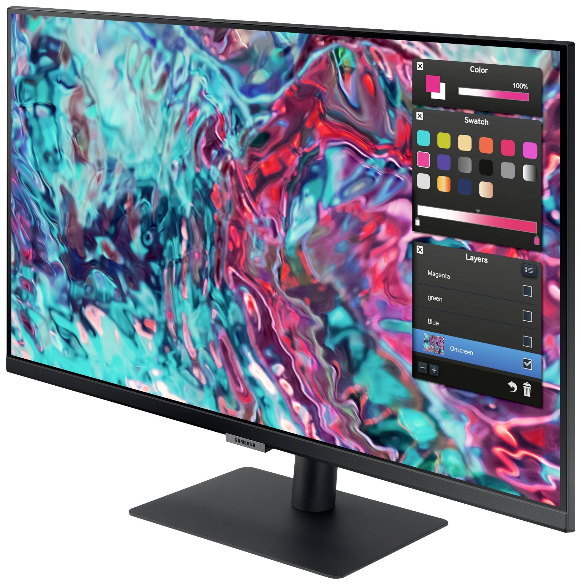 Ekran komputera wyświetla kolorowy, abstrakcyjny obraz z otwartym programem do projektowania. Widoczna jest paleta kolorów i warstwy.