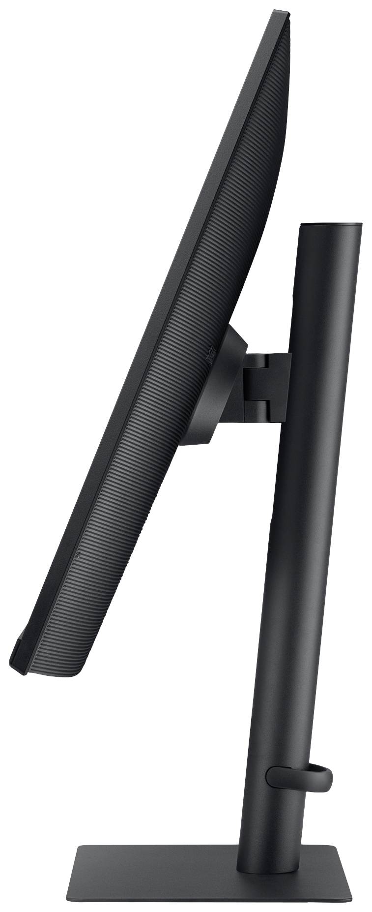 Widok z boku czarnego ekranu komputerowego na regulowanym stojaku, z wyraźnie zaznaczonym kątem nachylenia.