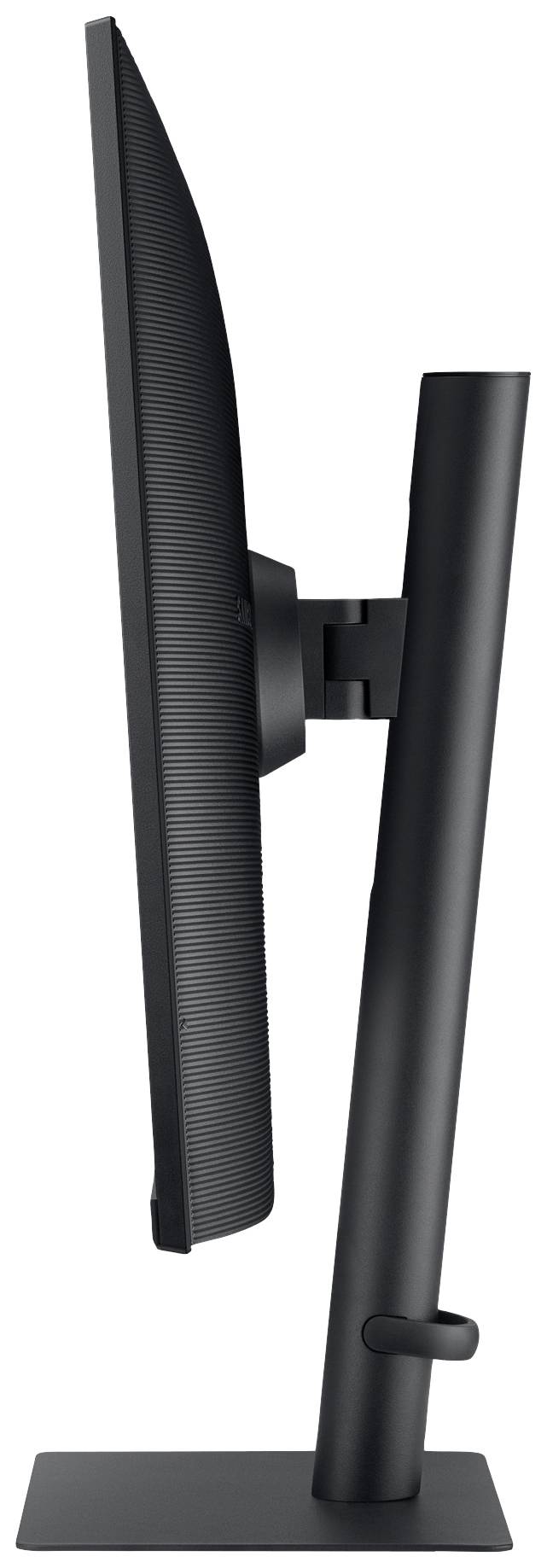 Boczny profil smukłego monitora komputerowego w kolorze czarnym, umieszczonego na podstawce.
