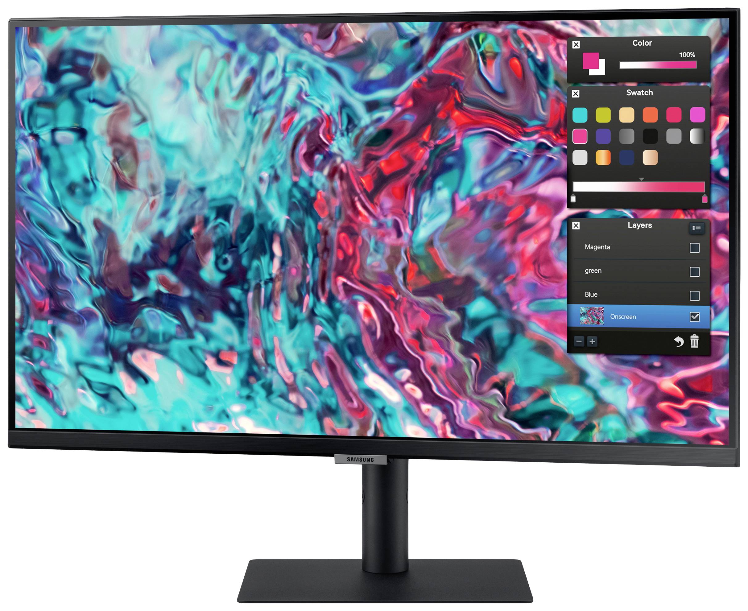 Ekran komputera wyświetla abstrakcyjny, kolorowy wzór w odcieniach czerwieni i błękitu. Po prawej stronie widoczne są narzędzia kolorów i warstw.