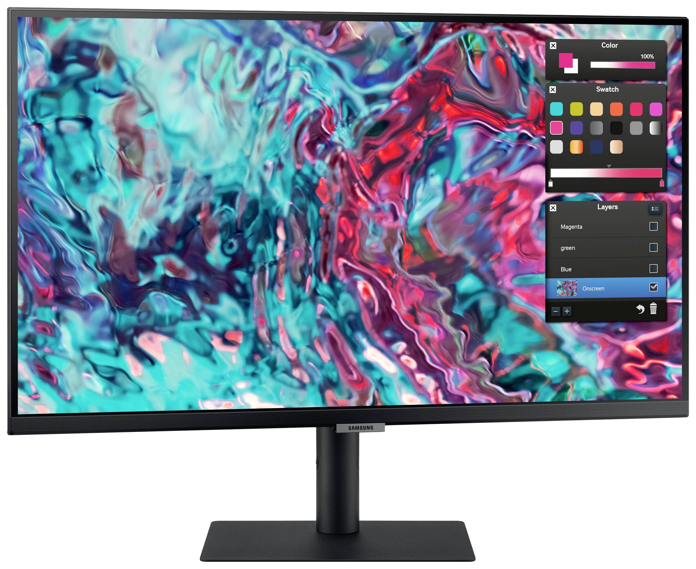 Monitor wyświetla abstrakcyjne, kolorowe dzieło sztuki, z otwartym programem do edycji grafiki, pokazującym narzędzia wyboru kolorów i warstw.