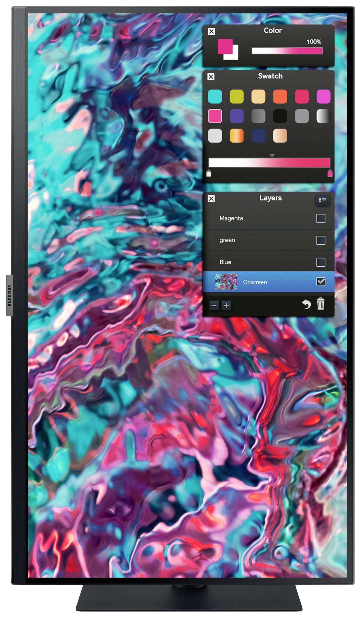 Ekran komputerowy wyświetla cyfrowe dzieło sztuki w intensywnych odcieniach turkusu i różu. W prawym górnym rogu widoczna jest paleta kolorów.