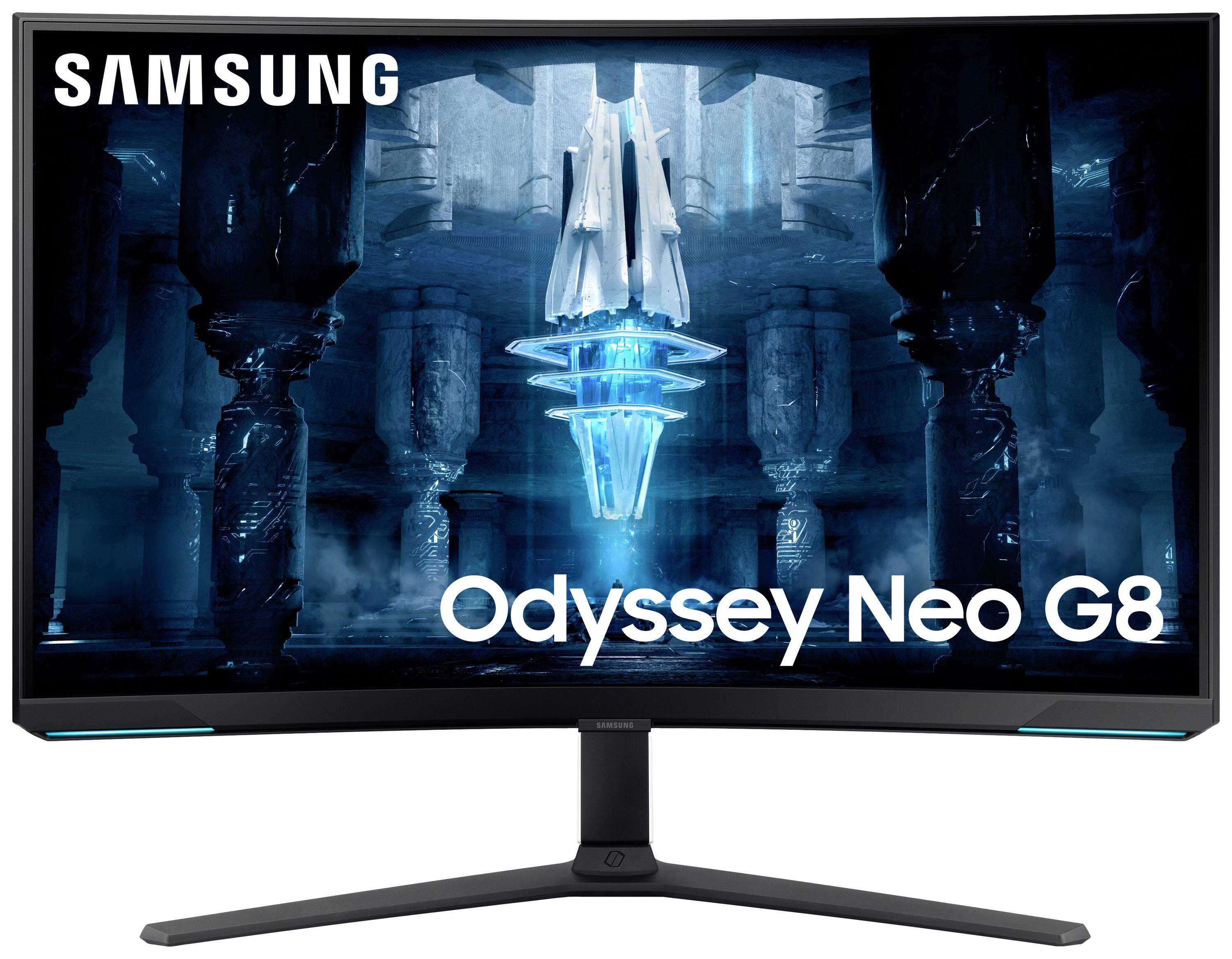 Monitor Samsung Odyssey Neo G8 z futurystycznym niebiesko-czarnym obrazem na ekranie.