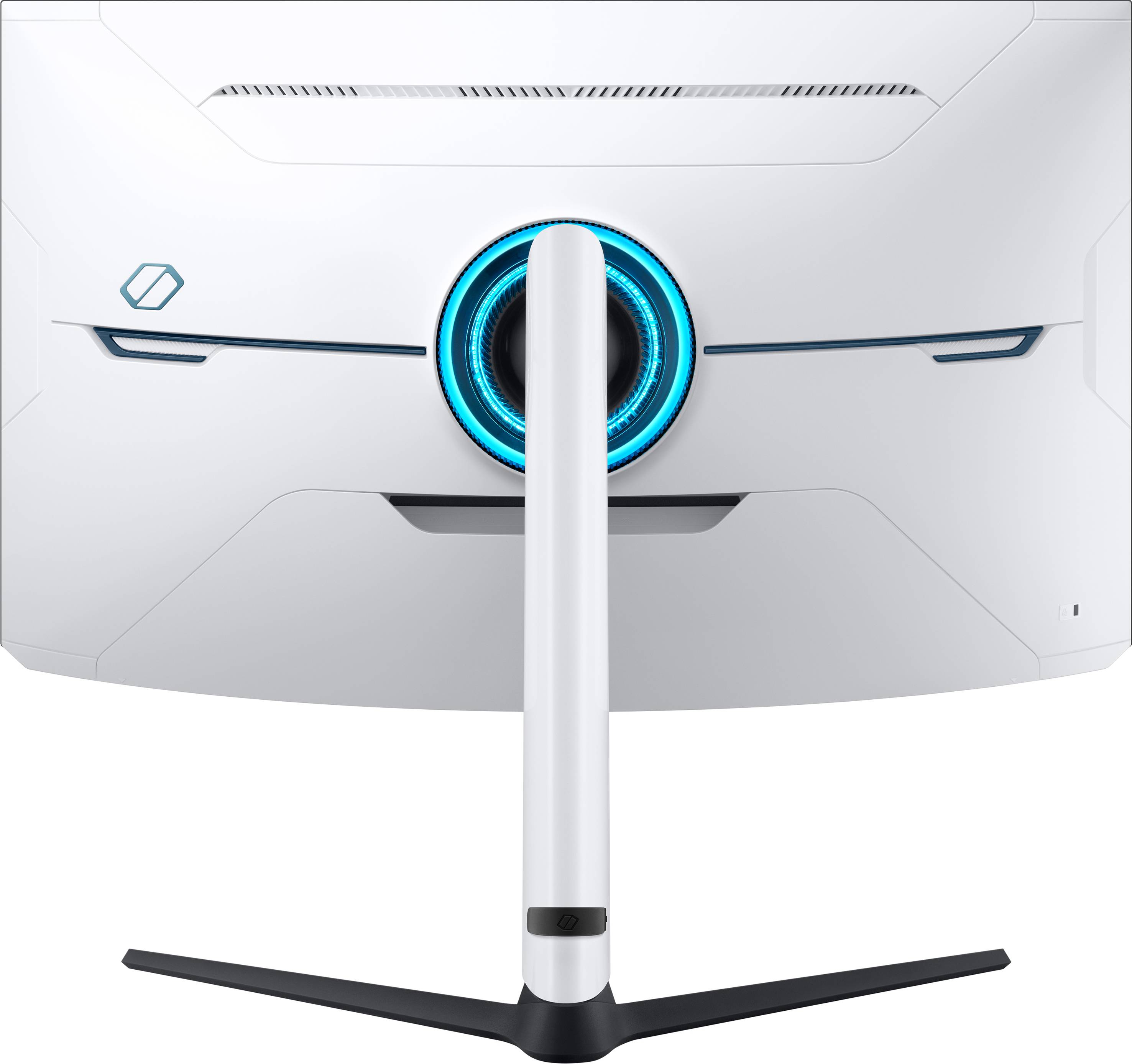 Tylna strona białego, zakrzywionego monitora z niebieskim świecącym kręgiem w centrum i nowoczesną, smukłą podstawą.
