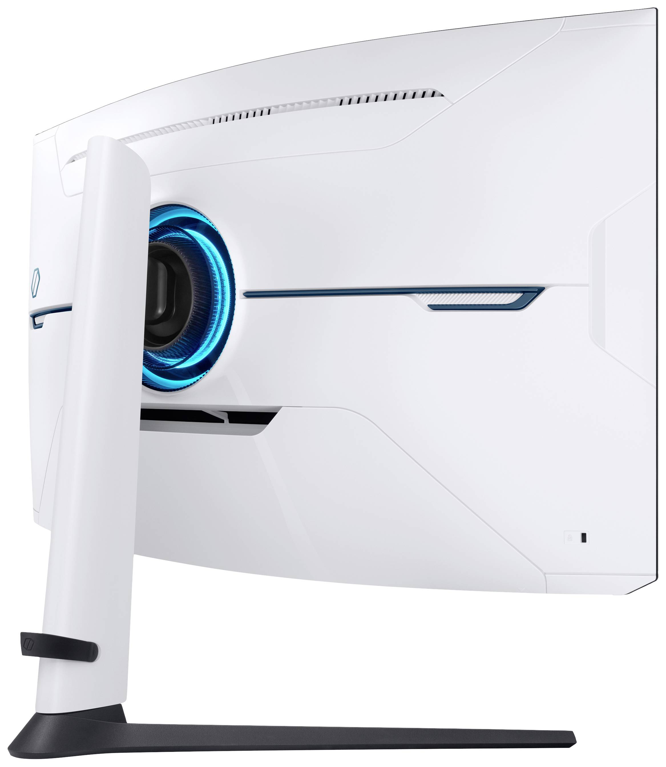 Biały, zakrzywiony ekran komputerowy z niebieskim podświetleniem na tylnej obudowie, zamontowany na czarnej podstawie.