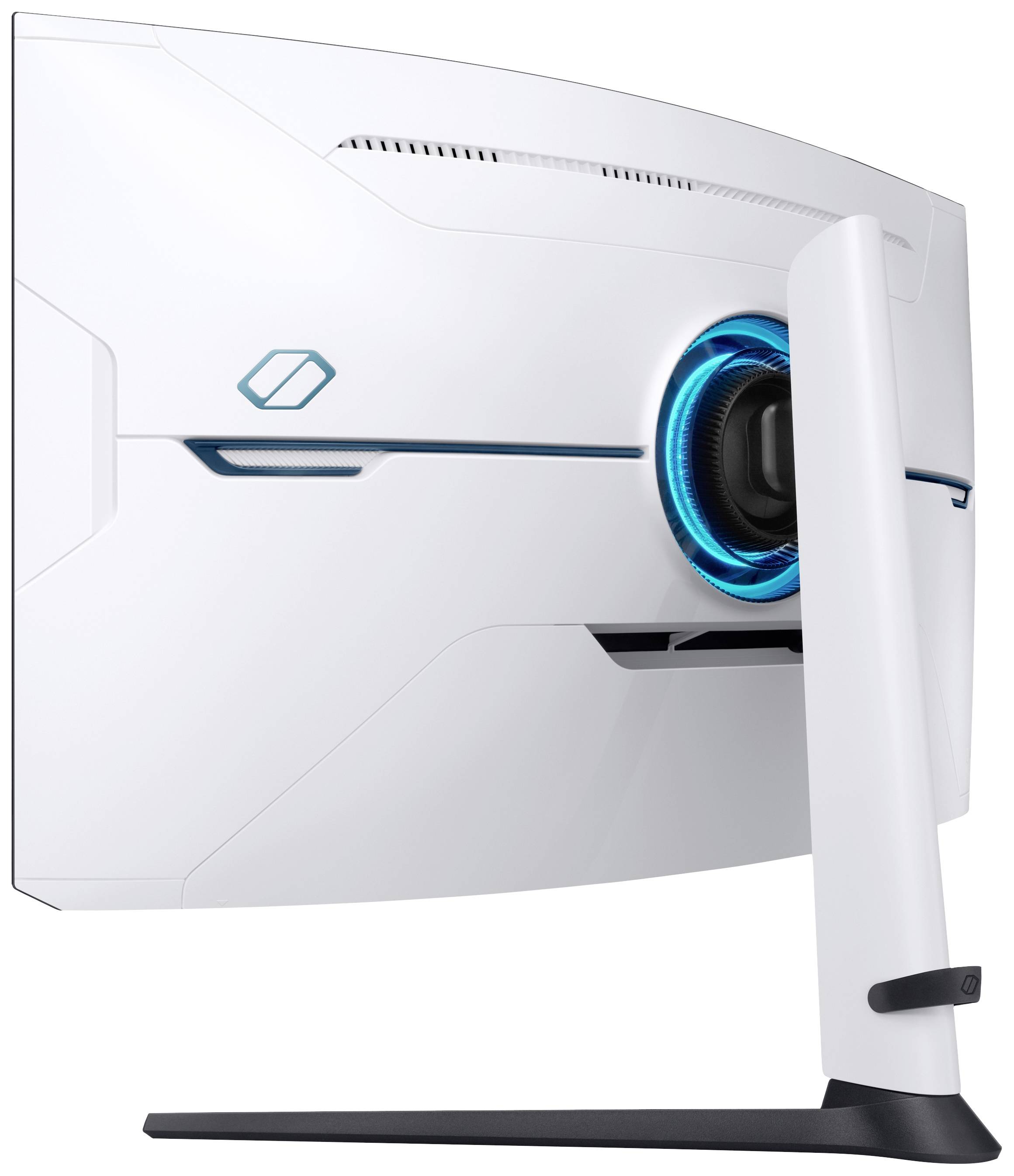Biały, zakrzywiony monitor widziany z boku, z błyszczącym niebieskim pierścieniem z tyłu i solidną podstawą.