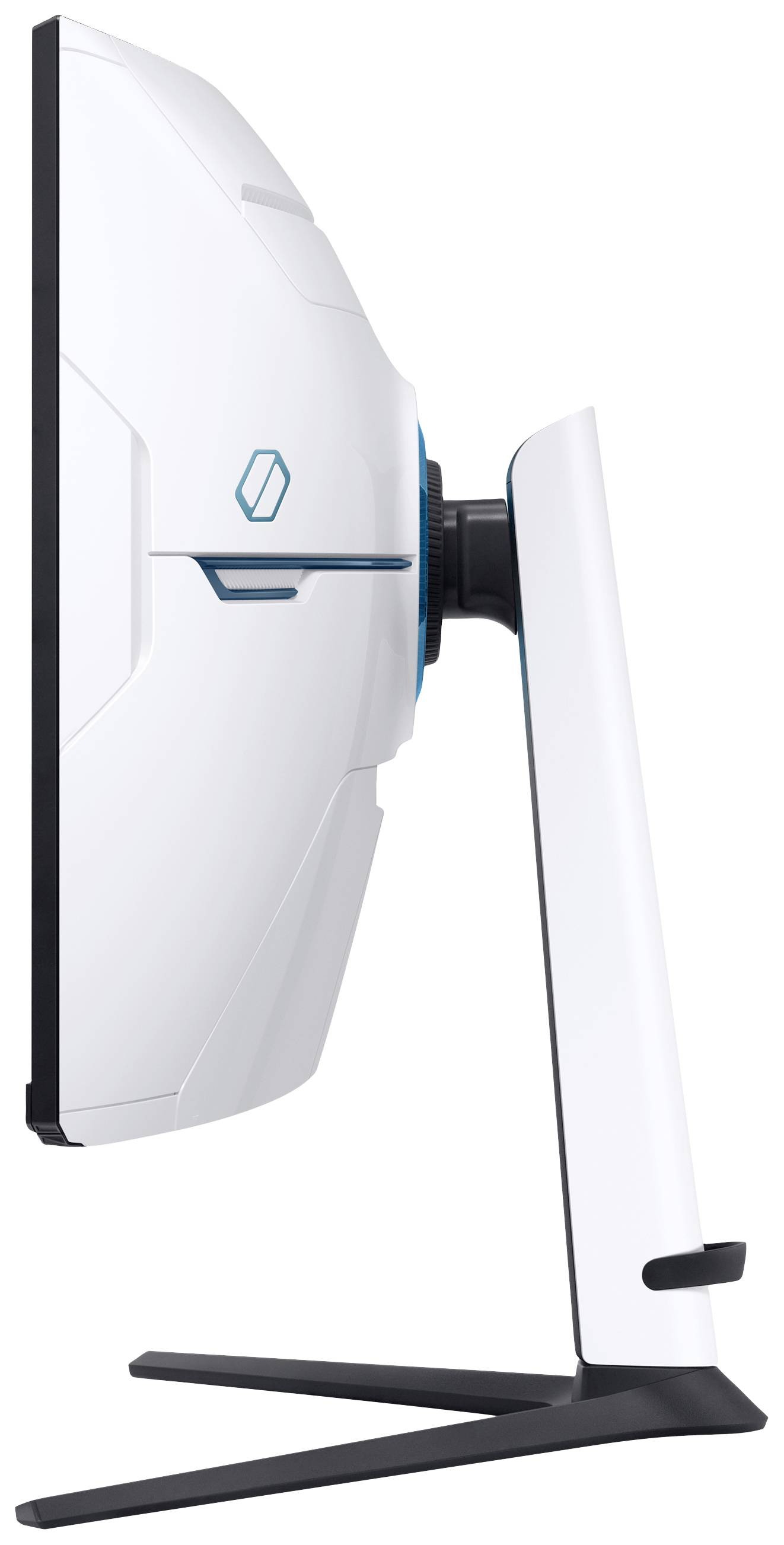 Widok z boku nowoczesnego ekranu komputerowego z białą obudową i smukłą, czarną podstawą.