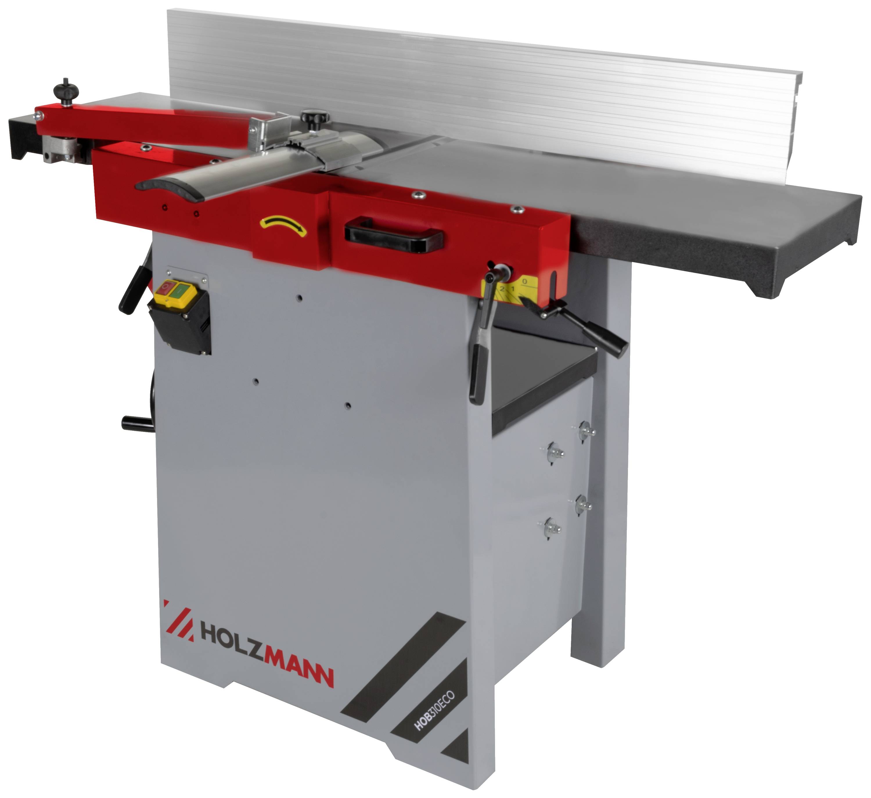 Maszyna strugająca marki Holzmann w czerwono-szarej obudowie. Posiada dwa dźwignie sterujące i długą powierzchnię roboczą.