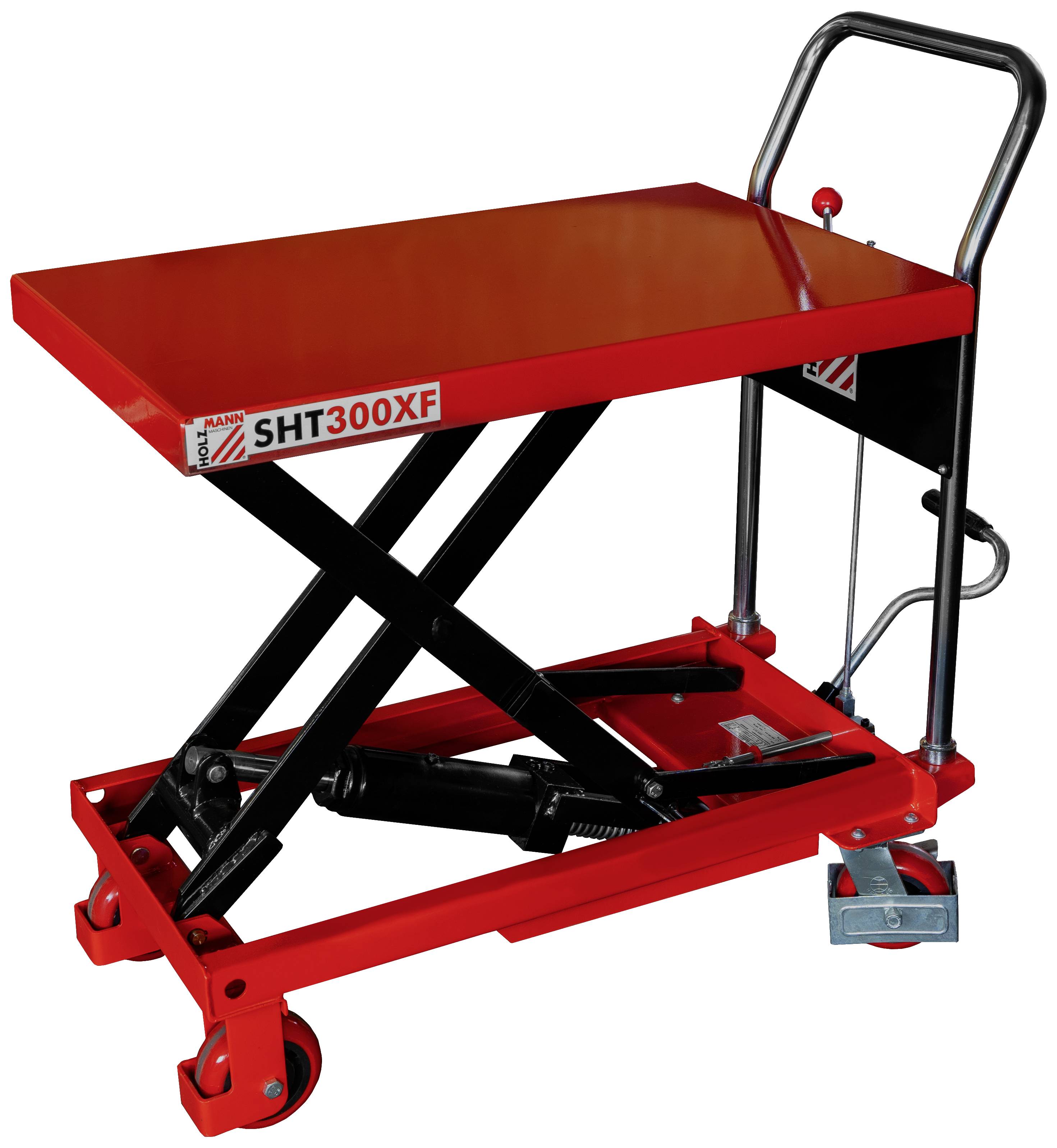 Czerwony, hydrauliczny wózek podnośnikowy z czarnymi ramionami nożycowymi i czarną rączką. Napis 'SHT300XF'.