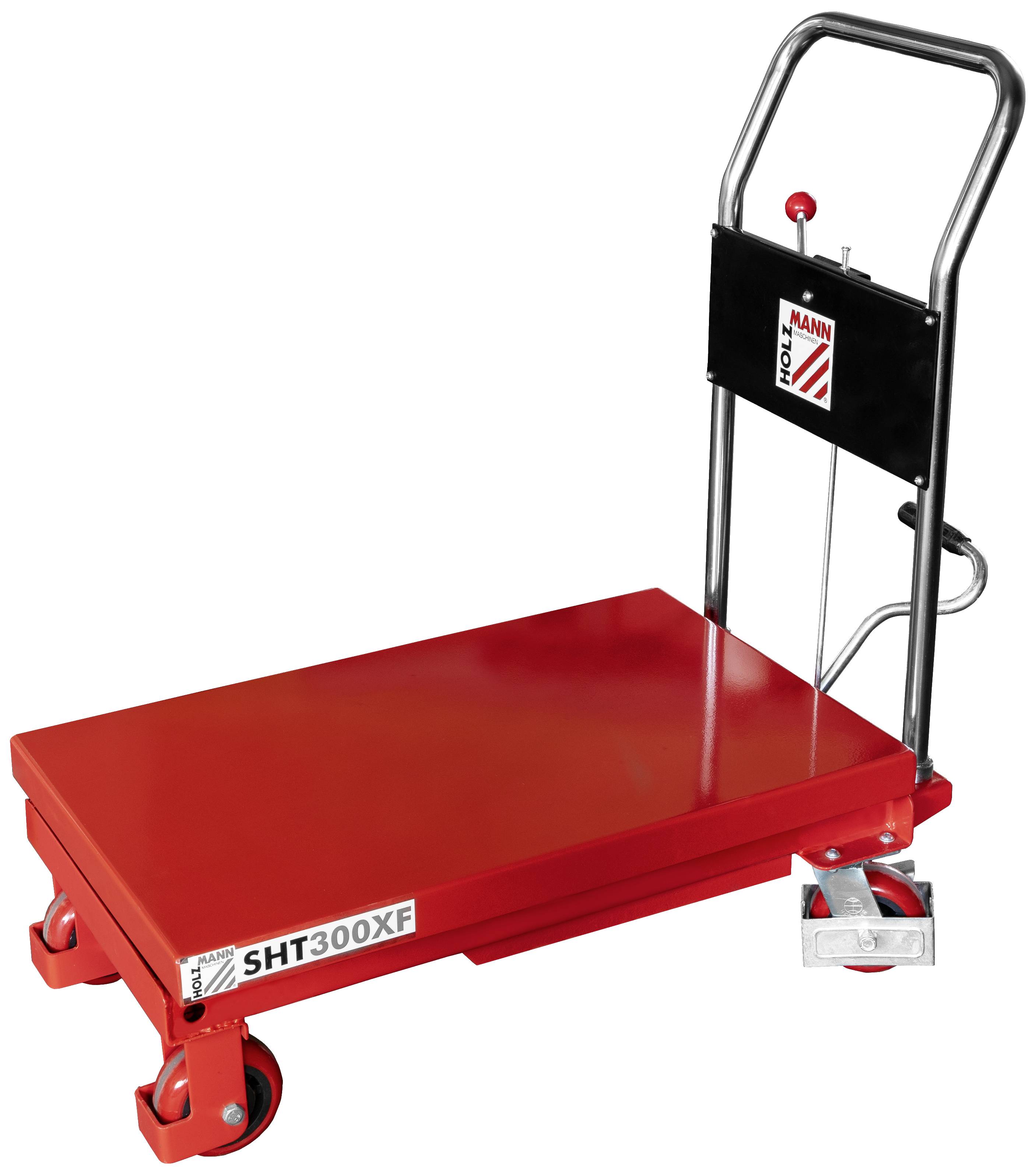 Czerwony wózek platformowy z czarnymi uchwytami i czterema kółkami, przeznaczony do transportu ładunków przemysłowych. Oznaczenie: 'SHT300XF'.