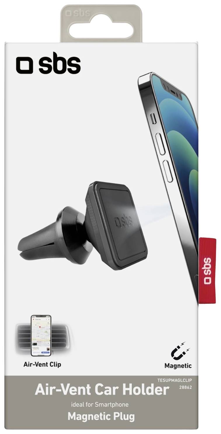 Magnetyczny uchwyt samochodowy na telefon: Opakowanie prezentuje mocowanie do kratki nawiewu, kompatybilne ze smartfonami, łatwy w montażu.