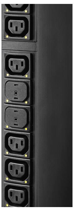 Szafa serwerowa z wieloma gniazdkami ułożonymi jedna nad drugą, żółte światła sygnalizują gotowość do pracy.