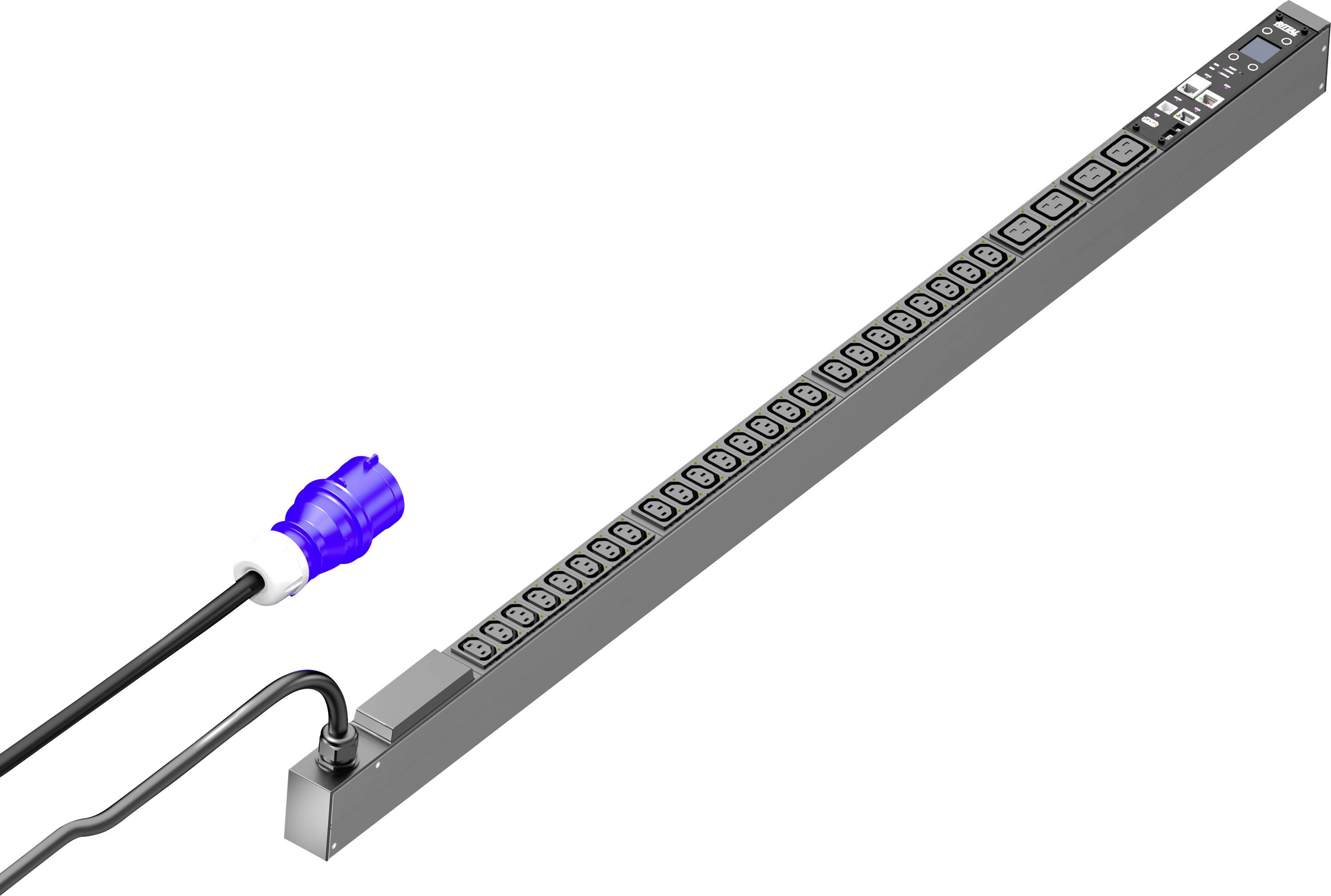 Wąski, podłużny rozdzielacz elektryczny z wieloma gniazdami i niebieską wtyczką przewodu. Idealny do zastosowań opartych na serwerach.