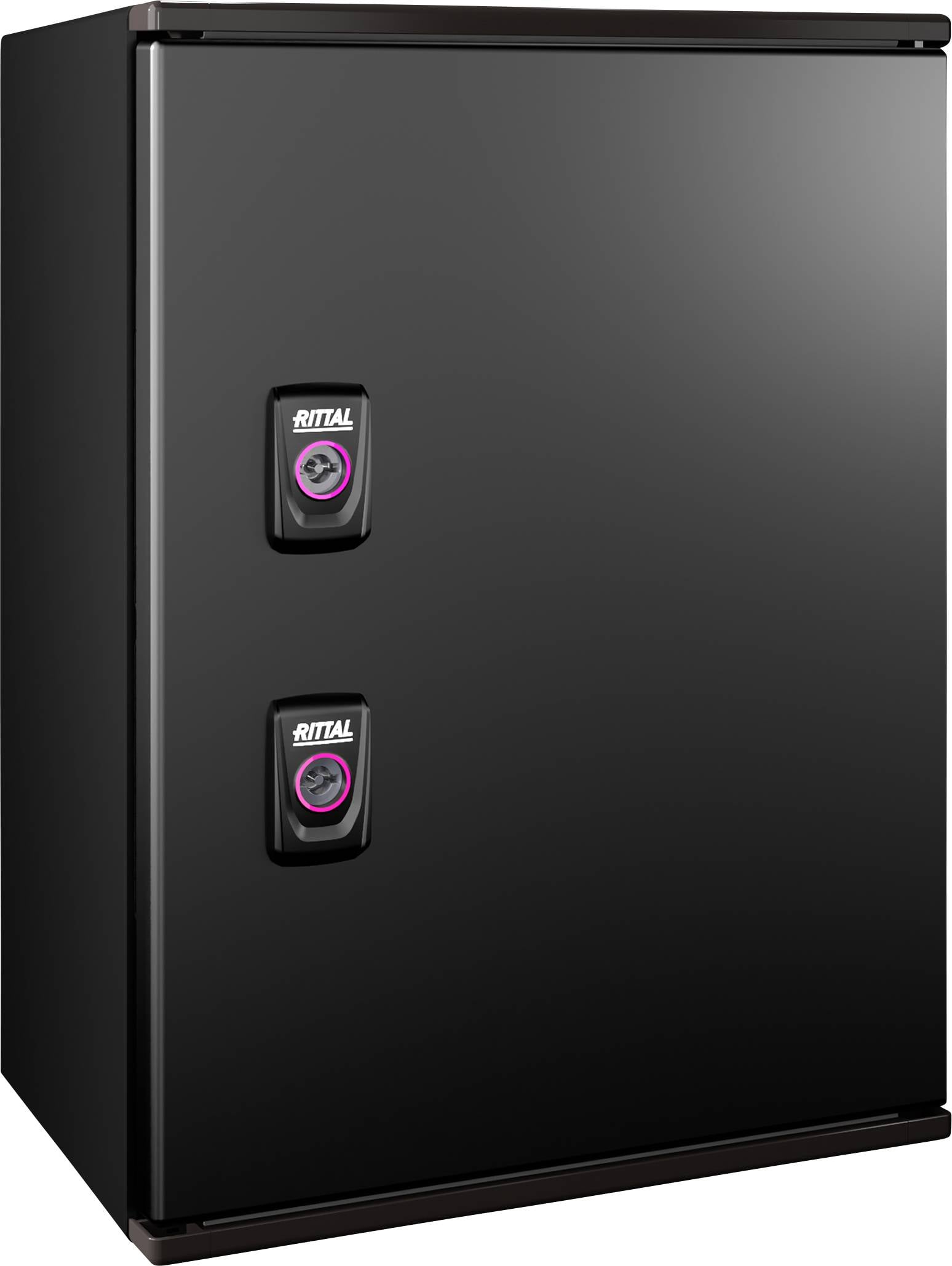 Czarny szafa z dwoma uchwytami na froncie, oba z logo 'Rittal'.