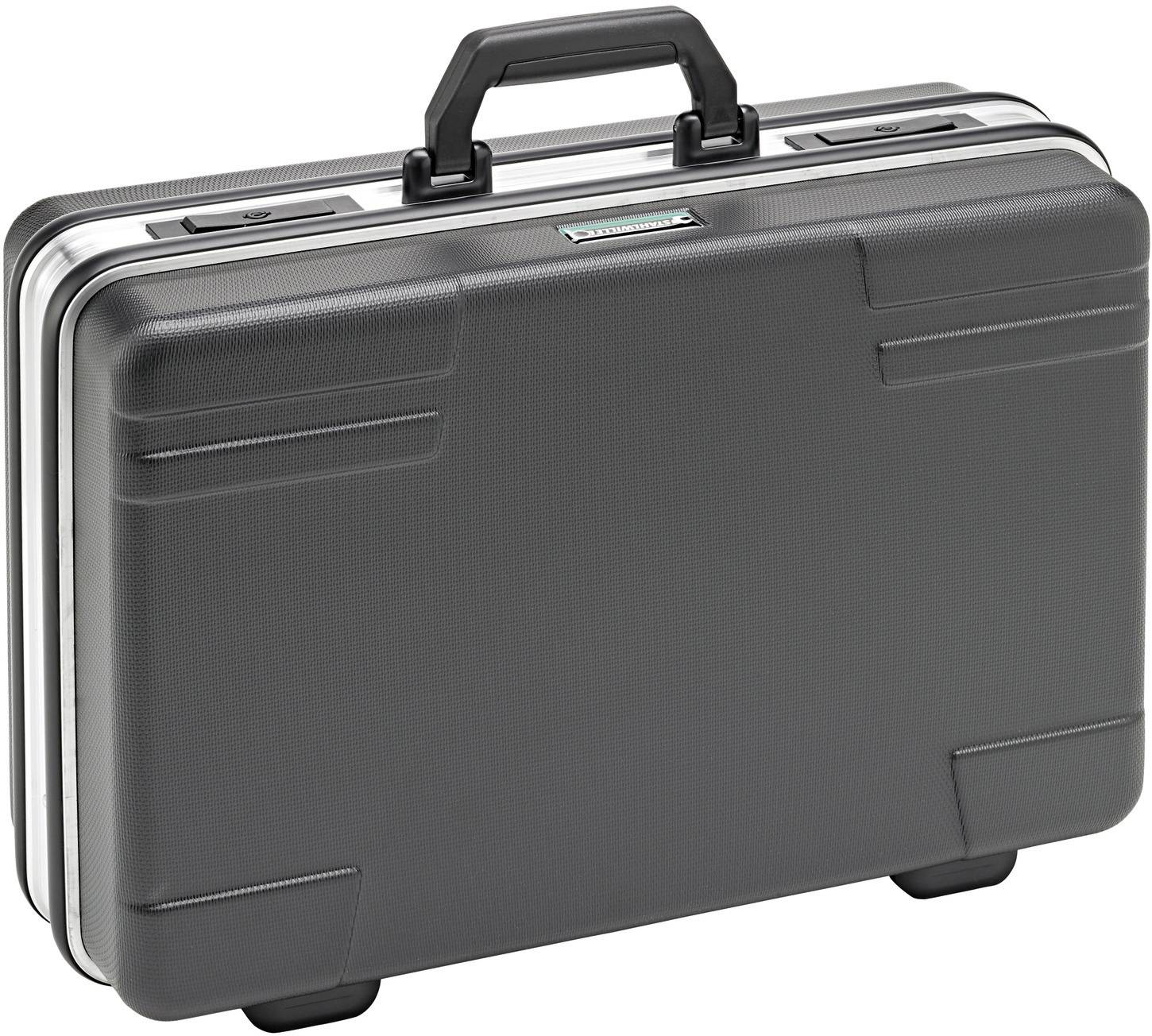 Czarny twardy kuferek z tworzywa sztucznego z uchwytem i solidnymi zamknięciami, odpowiedni do przewożenia ważnych dokumentów.