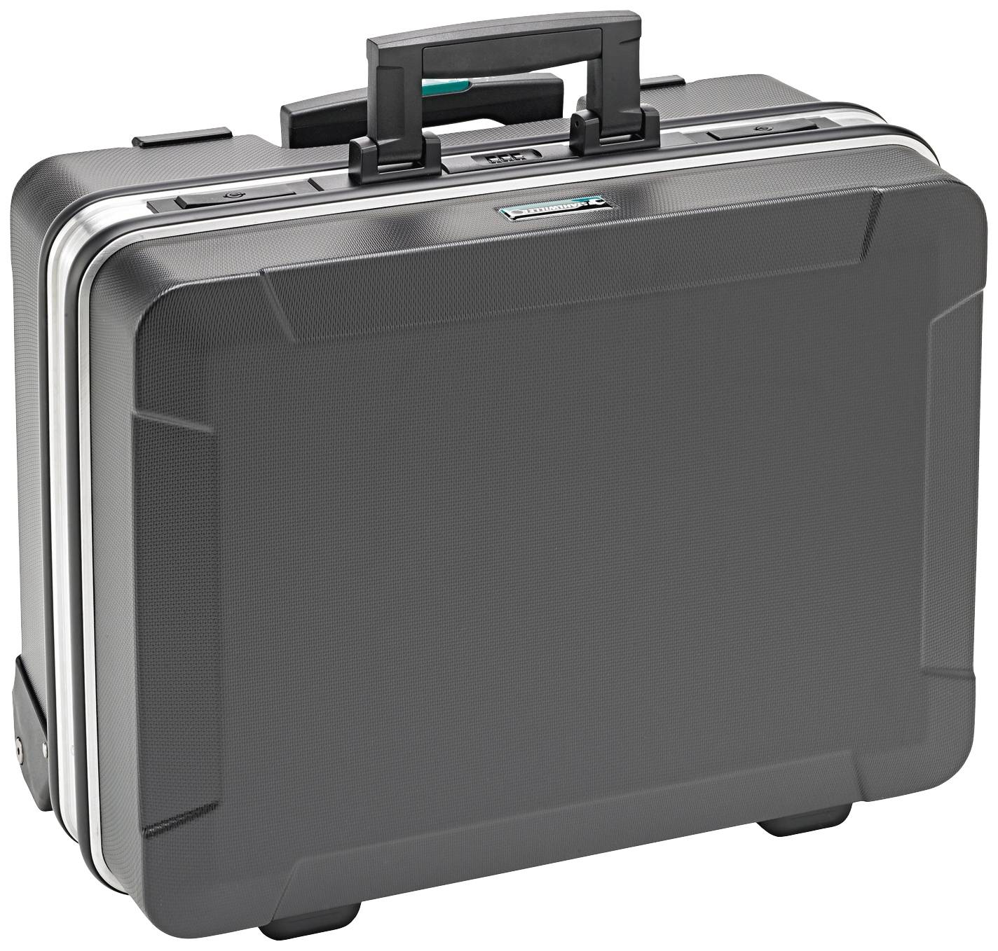 Czarny teczka z wytrzymałą konstrukcją, stojąca na małych nóżkach. Uchwyt umieszczony jest na górze; idealny do podróży służbowych.