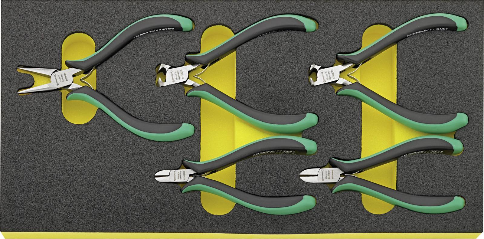 Zestaw pięciu różnych szczypiec w żółtej wkładce piankowej, zapewniającej przejrzystą organizację i prezentację.