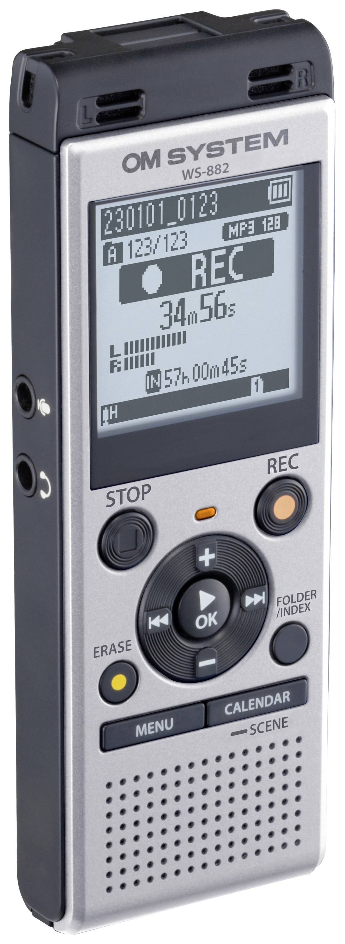 Cyfrowy dyktafon z ekranem wyświetlającym 'REC 34m56s'. Przyciski do odtwarzania, zatrzymywania, nagrywania, kasowania. Gniazda audio po bokach urządzenia.