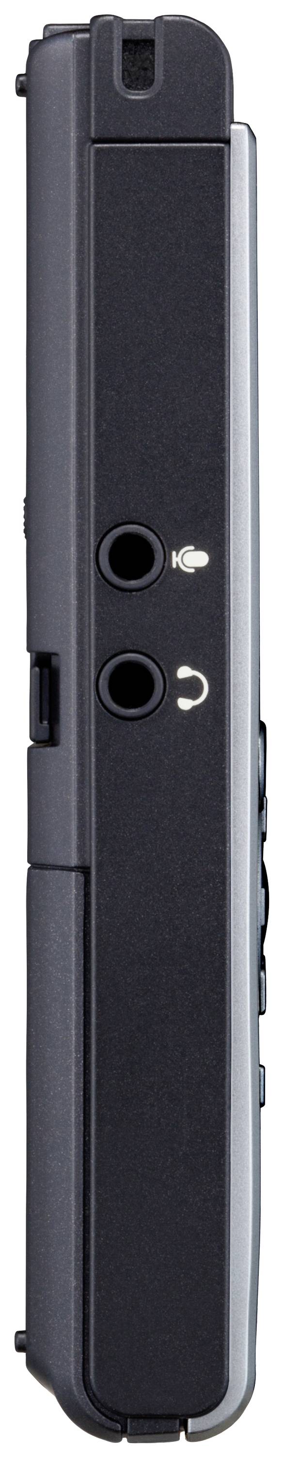 Widok z boku zamkniętego, czarnego urządzenia przenośnego z gniazdami i przełącznikami na górnej krawędzi, takimi jak wejście słuchawkowe.