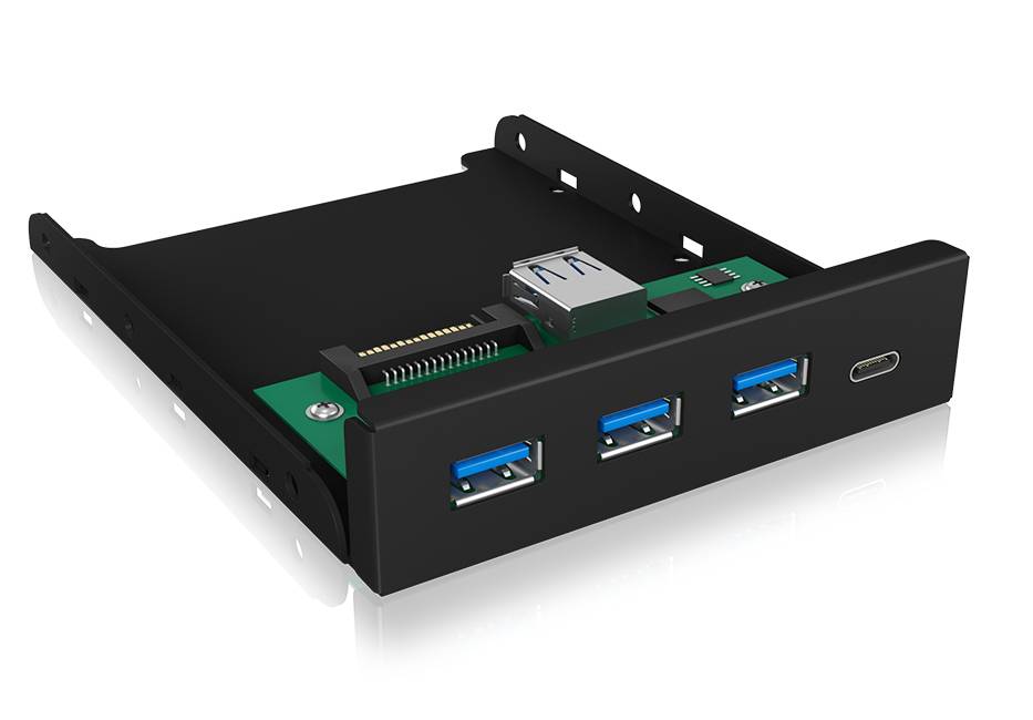 Wewnętrzny panel PC z trzema portami USB 3.0 oraz portem USB-C do rozszerzenia możliwości podłączenia w obudowie komputera.