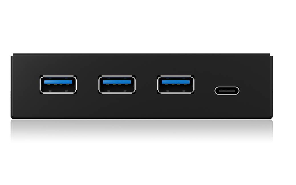 Czarny hub USB z trzema portami USB-A 3.0 oraz jednym portem USB-C, przeznaczony do podłączenia wielu urządzeń.